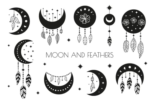 Black crescents with striped feathers, moon phases and stars.