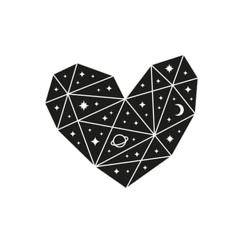 Polygonal celestial heart with stars and planet.