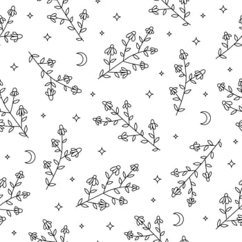 Seamless pattern with chamomile flowers, crescent moon and stars.