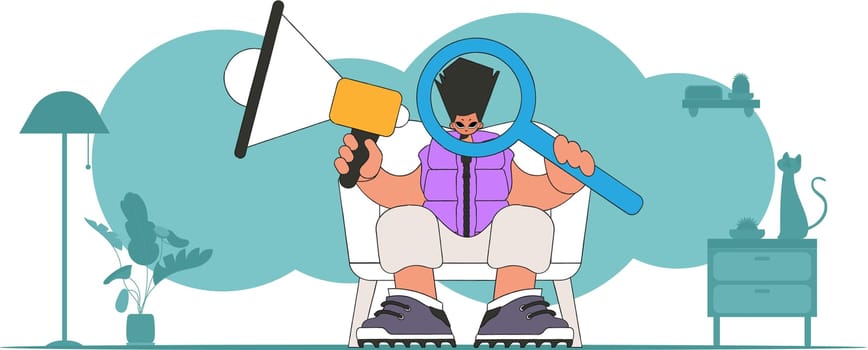Vector illustration of a human resources specialist. An attractive guy sits in a chair and holds a megaphone.