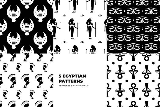 Ancient Egyptian seamless pattern set. Religious paganistic seamless backgrounds in hieroglyphical mural style. Egyptian gods and pharaohs patterns. Vector illustration