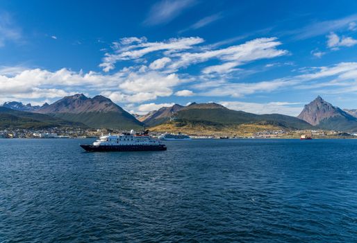 Hebredian Sky expedition cruise ship at anchor in Ushuaia