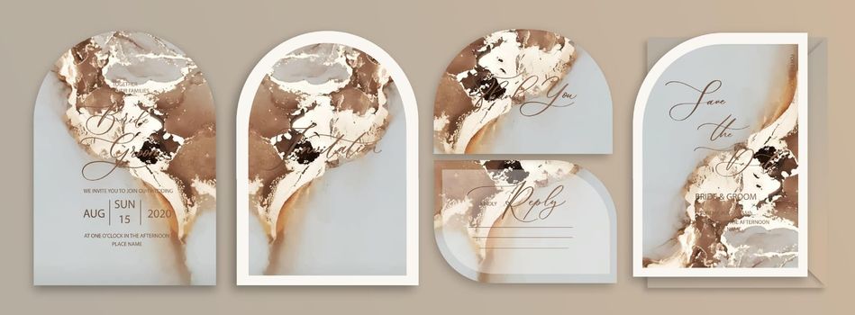 Luxury arch wedding invitation card set background with watercolor waves, marble or fluid art in alcohol ink style with golden glitter.