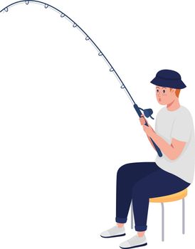 Eager teen angler with fishing rod semi flat color vector character