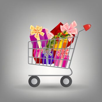 Shoping cart with Christmas gifts. Vector illustration