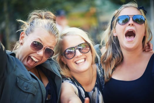 Scream if you love it. Three young friends rocking out to a band at a music festival.
