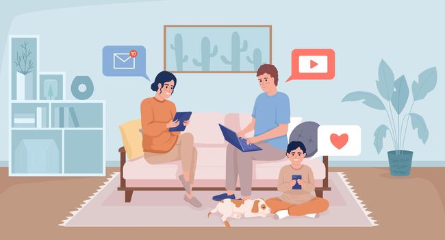 Technology use affecting family closeness flat color vector illustration