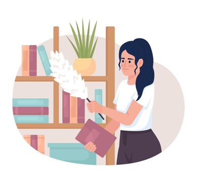 Cleaning dust from bookshelves and books 2D vector isolated illustration