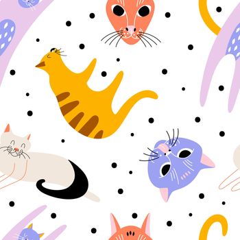 Cartoon hand drawn cats and faces with abstract decor.