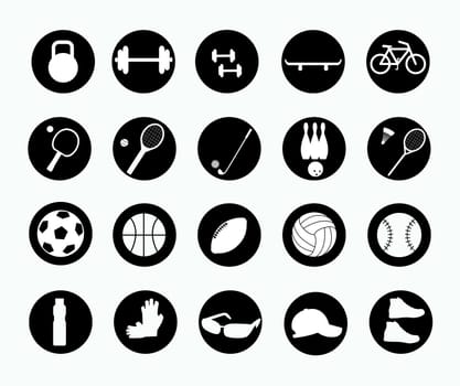 Set of sports round icons. Collection of 20 vector symbols in circles. Sports equipment.
