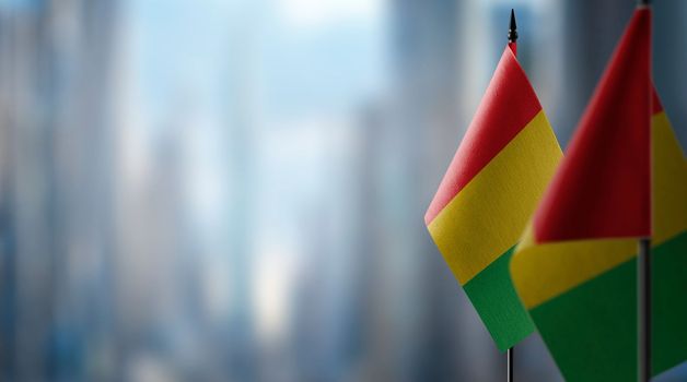 Small flags of the Guinea on an abstract blurry background