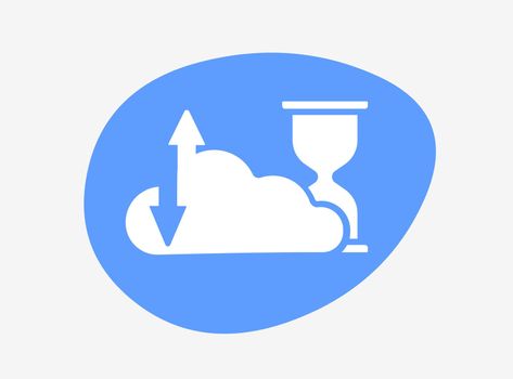 Vector icon of cloud storage with up and down arrows and hourglass, emphasizing time and efficiency of data management and cloud computing accessibility