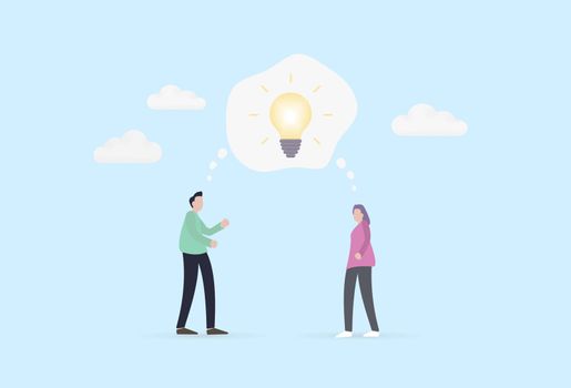 Man and woman standing together with lightbulb lit above their heads, representing the spark of common idea invented. Illustration captures the moment of inspiration, collaboration and innovation