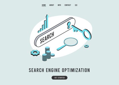 Search Engine Optimization website landing page template illustration. Design with imagery of search bar, magnifying glass, key, charts, and upward arrow. Perfect for digital marketing or SEO agency