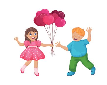 A boy gives a girl balloons in the form of a heart.A boy in love gives a gift to a girl. Kids on Valentine s Day in cartoon style. Lovely children in love. Vector illustration