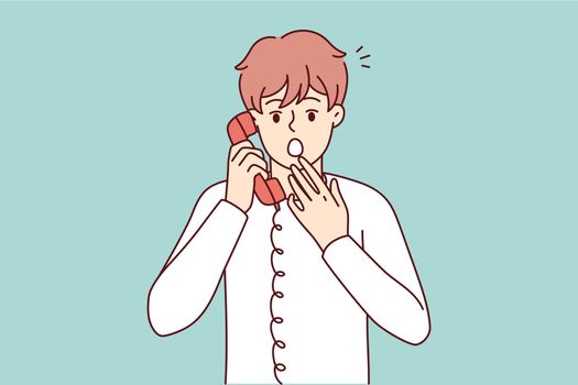 Frightened man holding telephone receiver near ear feel fear after telephone threats. Vector image