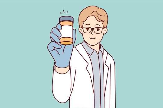 Man doctor shows jar of pills recommending use of medicines for health treatment. Vector image