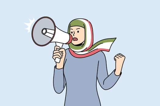 Woman in hijab with Iranian flag scream in megaphone