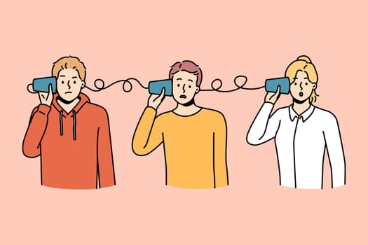 People with hearing device frustrated with communication. Confused group frustrated with misunderstanding or communicating. Vector illustration.