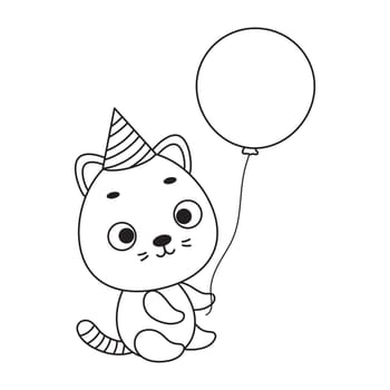 Coloring page cute little cat in birthday hat hold balloon. Coloring book for kids. Educational activity for preschool years kids and toddlers with cute animal. Vector stock illustration