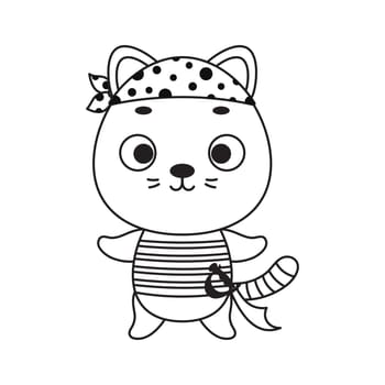 Coloring page cute little pirate cat. Coloring book for kids. Educational activity for preschool years kids and toddlers with cute animal. Vector stock illustration
