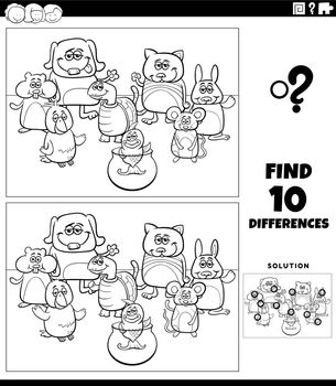 Black and white cartoon illustration of finding the differences between pictures educational game with funny domestic pets animal characters group coloring page