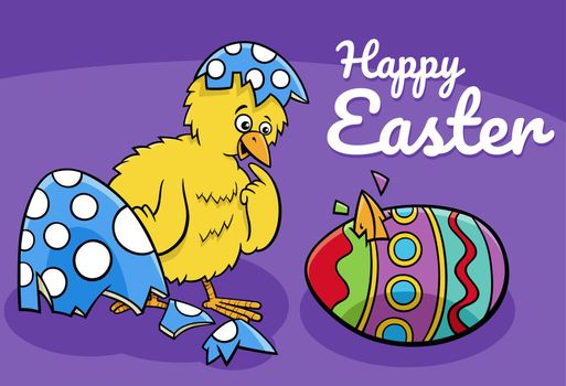 cartoon Easter chick hatched from coloered egg greeting card