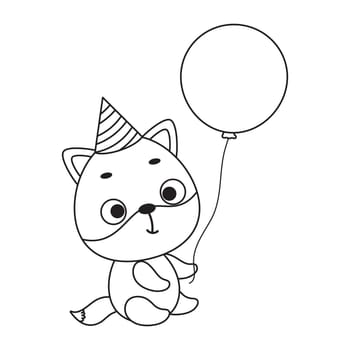 Coloring page cute little fox in birthday hat hold balloon. Coloring book for kids. Educational activity for preschool years kids and toddlers with cute animal. Vector stock illustration