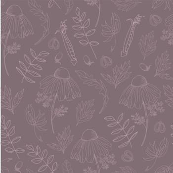 Design for fabric. Botanical pattern.Vector seamless pattern with plants on a gray background.