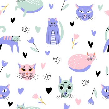Playful cute cats with hearts and abstract decor hand drawn.