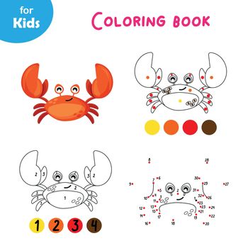 Funny crab. Coloring book for children, educational games dot to dot, marine set