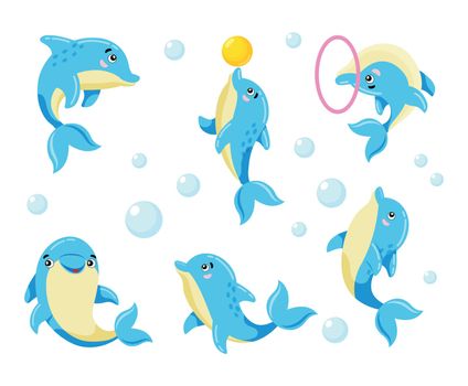 Dolphins. Set Of 6 Characters. Cute And Colorful Images Of A Dolphin In Cartoon Style, Different Images. For Children, Addition To Any Room, Play Area. Educational Material Or Design Element.