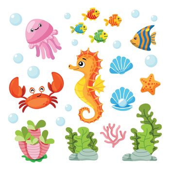 Set of icons and elements of sea animals, shells, corals algae and fish in cartoon style. Used in children's books, children's educational materials. Isolated object on white background