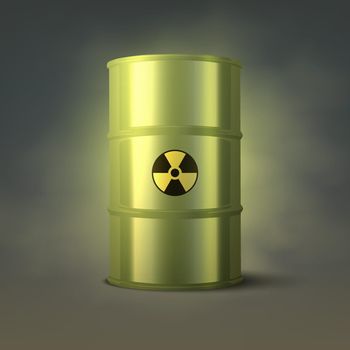 Vector 3d Realistic Green Barrel on Black Smoked Background, Nuclear Sign, Hazard Liquid. Caution, Radioactive, Hazardous Chemical Materials, Toxic Pollution, Danger Barrel Closeup. Front View