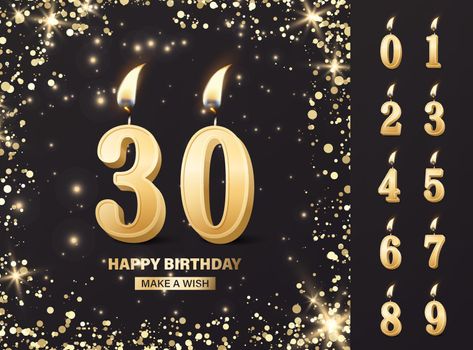 Vector Birthday Anniversary Greeting Card, Banner with 3d Realistic Burning Golden Birthday Party Candles, Numbers, Flame. Candle Icon Set. Design Template, Clipart. Birthday Concept. Front View