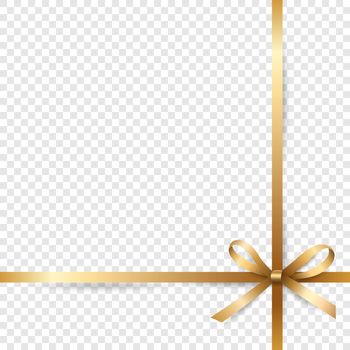 Vector 3d Realistic Golden Gift Ribbon and Bow Closeup Isolated. Bow Design Template, Background for Birthday, Christmas Presents, Gifts, Invitation, Card, Gift Box. Holiday Decoration