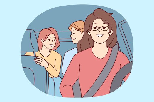 Woman drives car with teenage children in passenger seat, giving them ride to school. Vector image