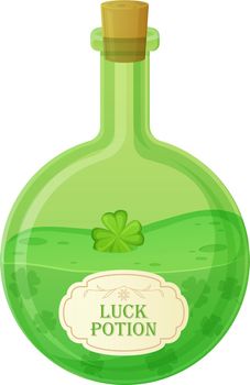 Luck potion bottle. Clover in green liquid. Alchemy, fortune, magic game object concept.