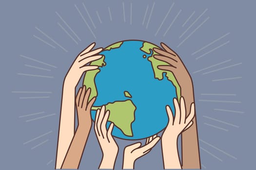 Hands of Diverse People Touching Planet Earth. Multicultural Characters Supporting each other. Tolerance, Unity and Peace Metaphor. Cartoon Vector Illustration.