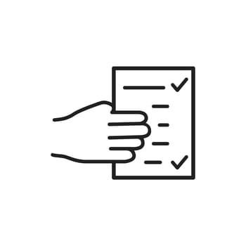 Document in hand linear icon. Thin line design