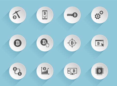 bitcoin vector icons on round puffy paper circles with transparent shadows on blue background. cryptocurrency stock vector icons for web, mobile and user interface design