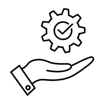 Cog with check mark on hand line icon Ok process
