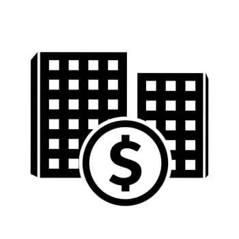 Apartment sale icon in flat. Building with dollar