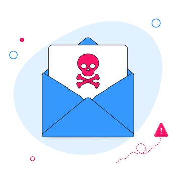 Envelope with document and skull icon. Virus, malware, email fraud, e-mail spam, phishing scam, hacker attack concept. Vector flat illustration