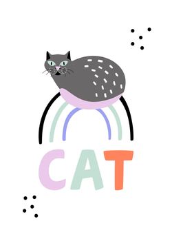 Cute gray hand drawn cat sitting on a rainbow.