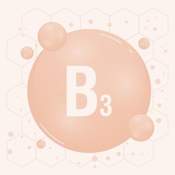 Vitamin B3 shining pill capcule icon. Vitamin complex with chemical formula, group B, niacin. Shining substance drop. Meds for heath ads. Vector illustration