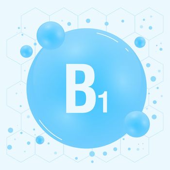 Vitamin B1 shining pill capcule icon. Vitamin complex with chemical formula, group B, thiamine. Shining substance drop. Meds for heath ads. Vector illustration