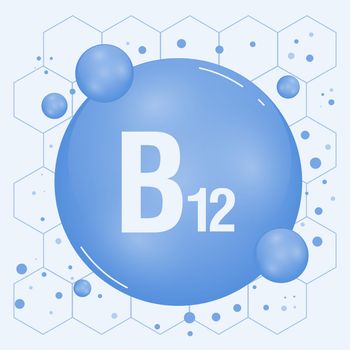 Vitamin B12 shining pill capcule icon. Vitamin complex with chemical formula, group B, cobalamin. Shining substance drop. Meds for heath ads. Vector illustration