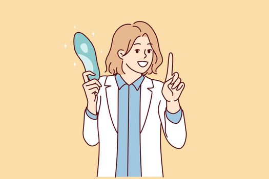 Female doctor in white coat holding blue object giving recommendation to patient. Vector image