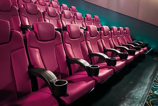 Cinema and entertainment, empty pink movie theatre seats for tv show streaming service and film industry production
